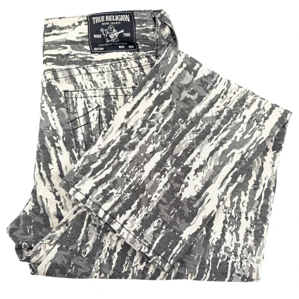 True Religion Bobby Relaxed Baggy Mens 31 Grey/Cream Jacquard Jeans Y2K